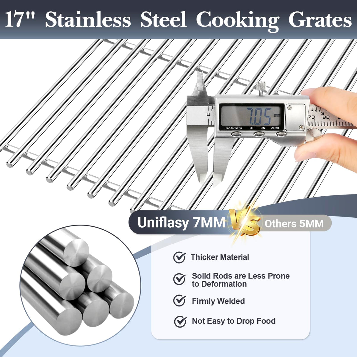 Uniflasy heat-retaining grates provide even cooking and professional searing.
