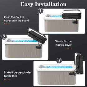 Uniflasy universal-fit spa cover lifter demonstrates adjustable width for different spas