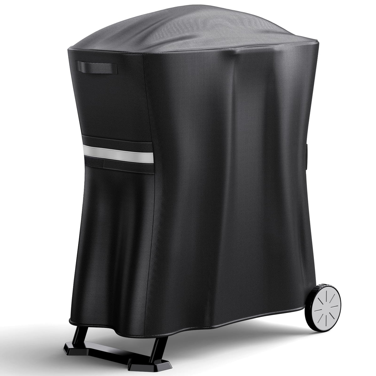 Uniflasy 7113 Weber Q cover on cart protects against rain and sun.
