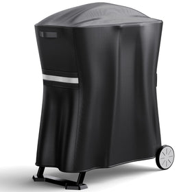Uniflasy 7113 Weber Q cover on cart protects against rain and sun.