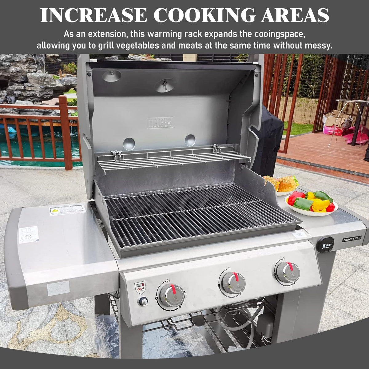 Uniflasy warming rack extending space for simultaneous grilling underneath