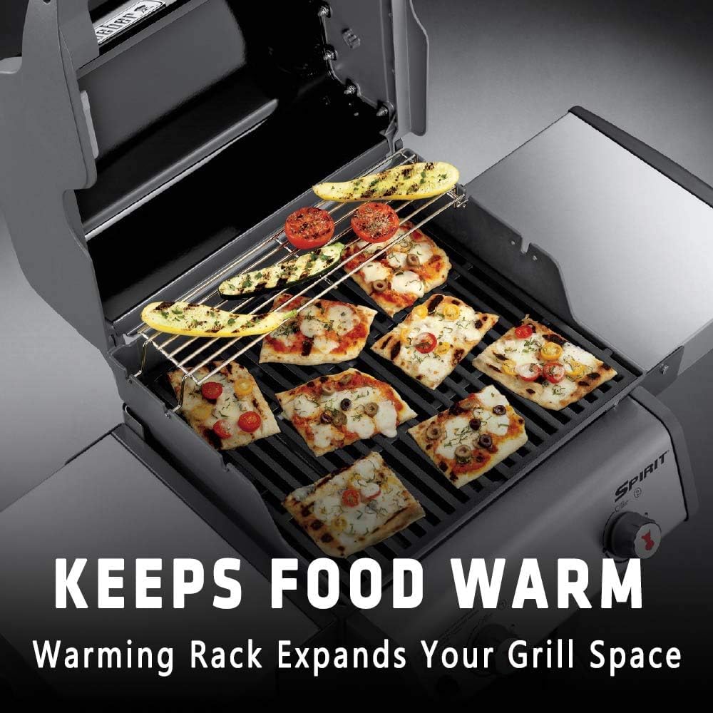 Uniflasy Weber Spirit E-220 warming rack keeps grilled items ready without crowding the main grate.