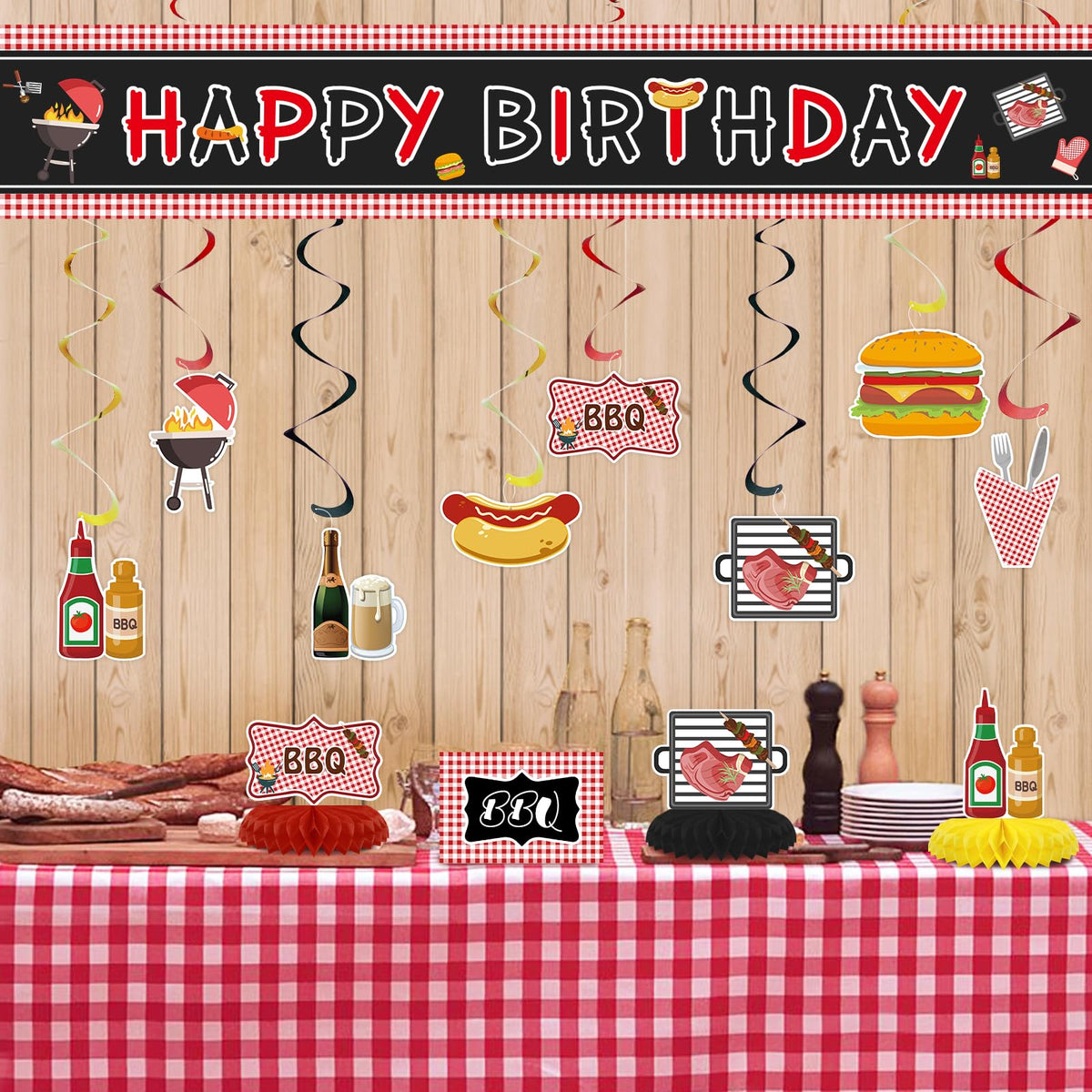 UNIIDECO bbq ceiling banner ideal for parties and event spaces.