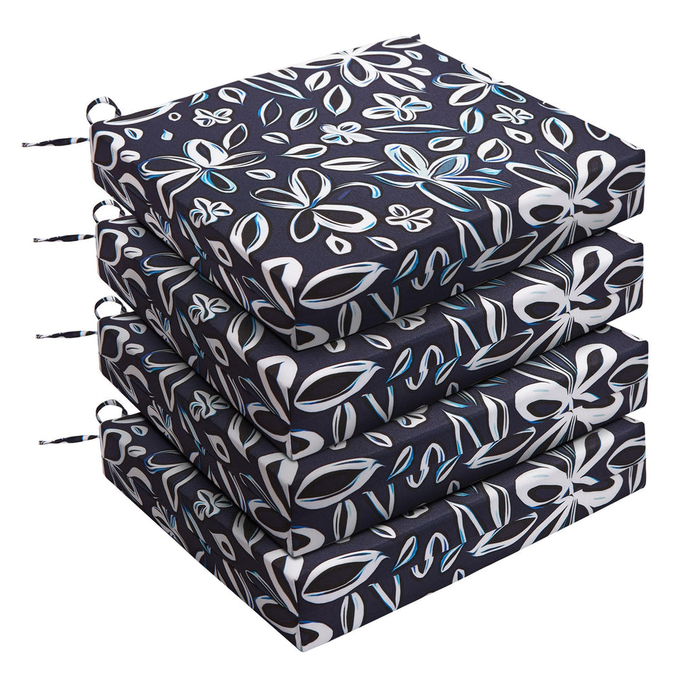UNIKOME navy and white outdoor cushions with ties for a snug chair fit.