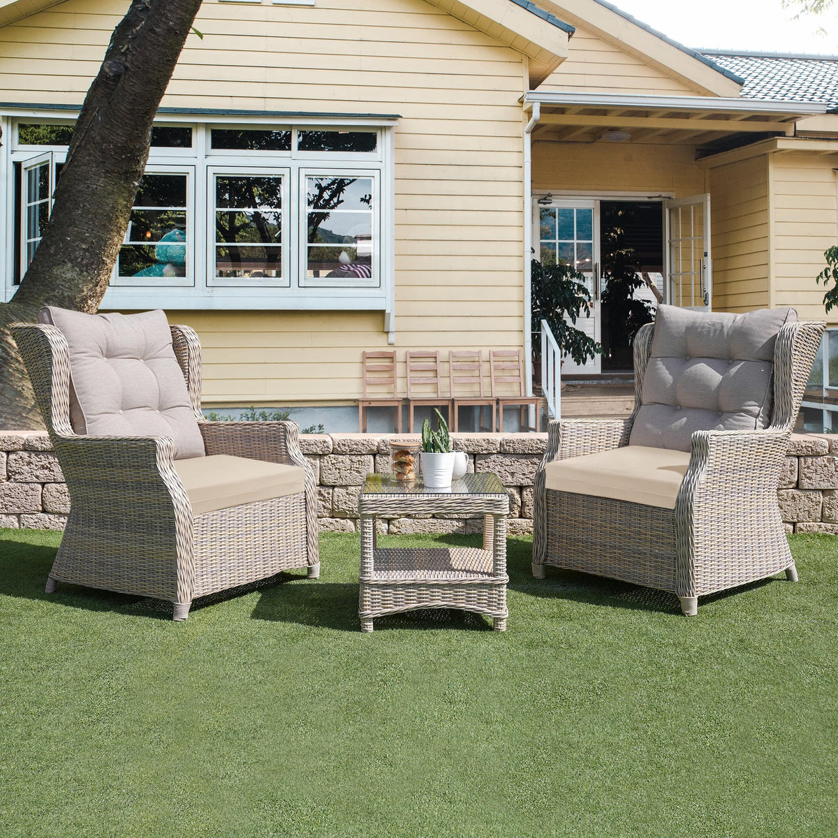 UNIKOME weather-resistant cushions on outdoor furniture ready for rain