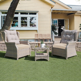 UNIKOME weather-resistant cushions on outdoor furniture ready for rain