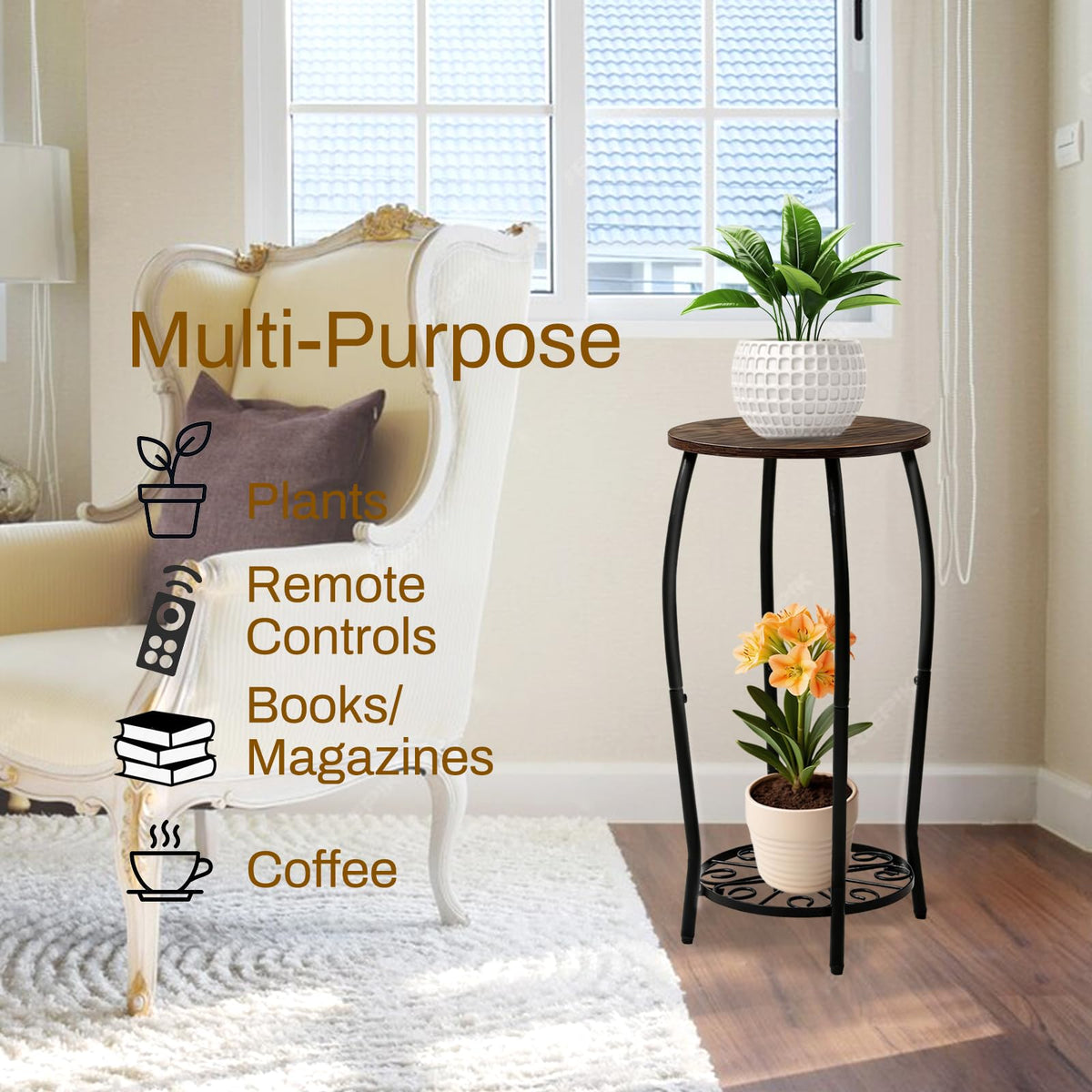 Uniqcovosa plant stand bottom tray supporting trailing plants while saving space