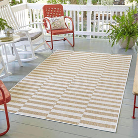 Unique Loom outdoor striped rug taupe ivory—durable and easy-care for outdoors
