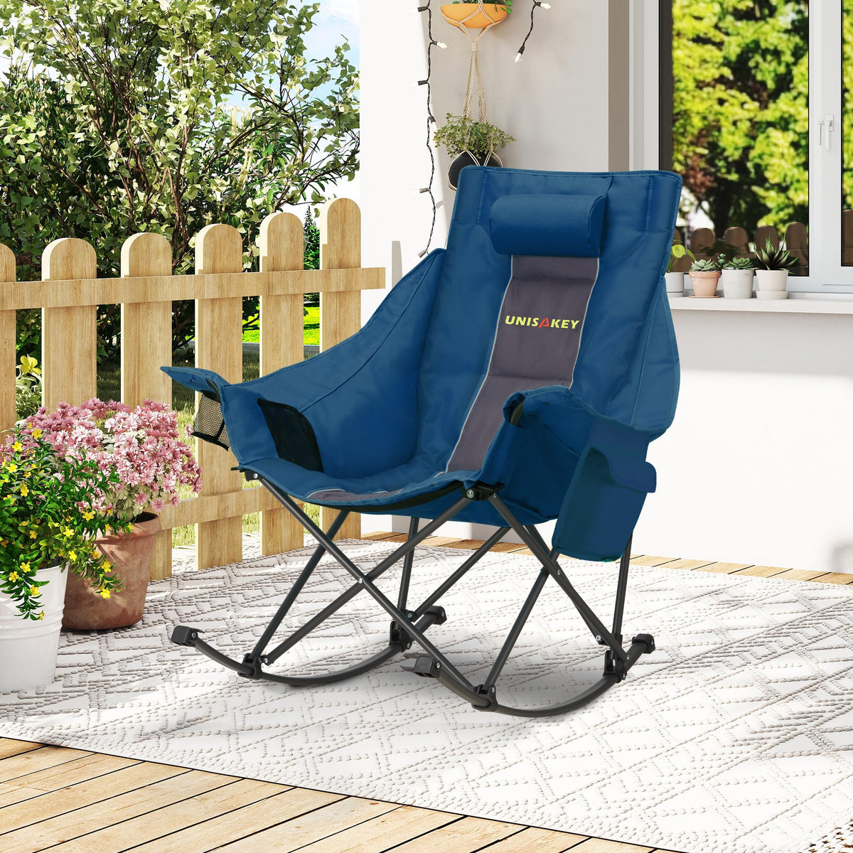 Unisakey oversized rocking chair with cup holder keeps drinks handy.