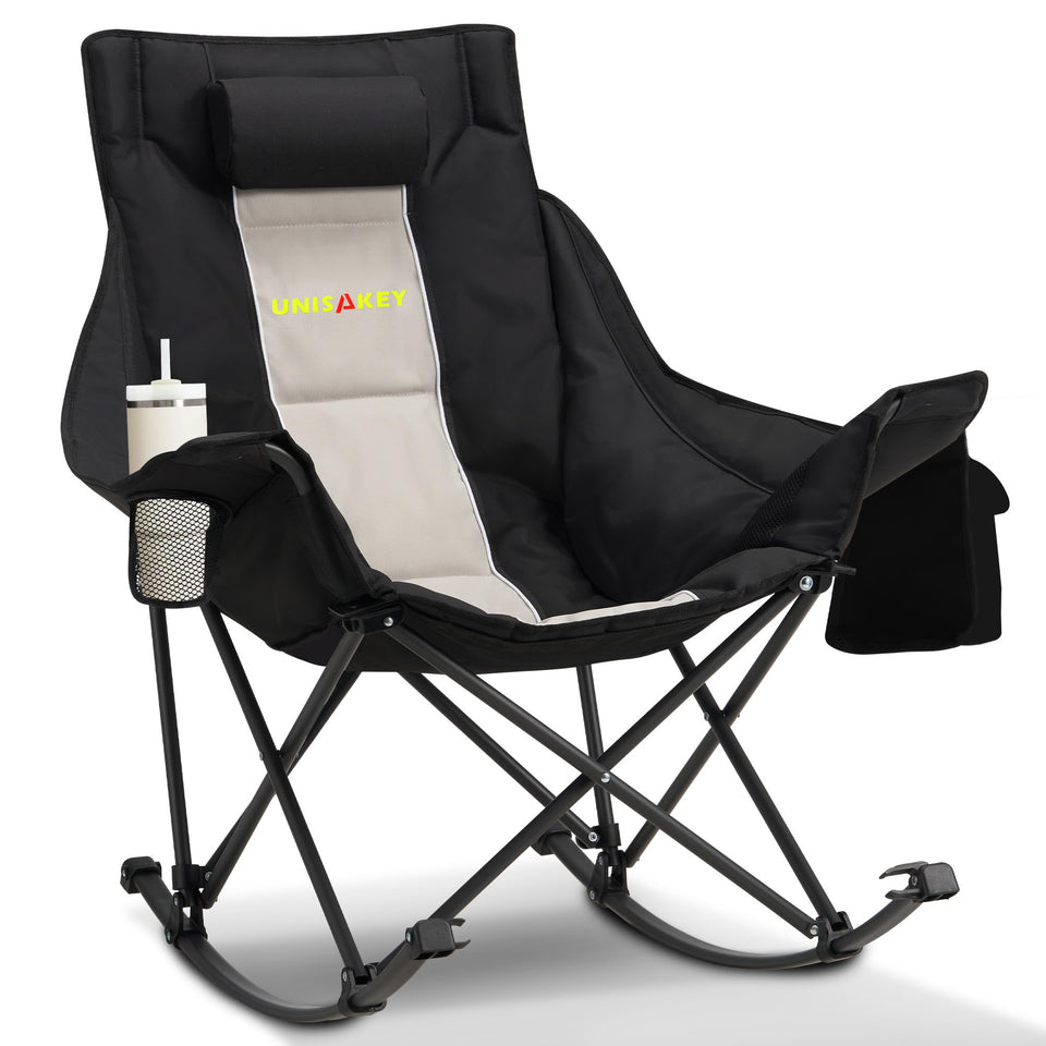 Unisakey oversized rocking chair front view highlighting sturdy frame and headrest.