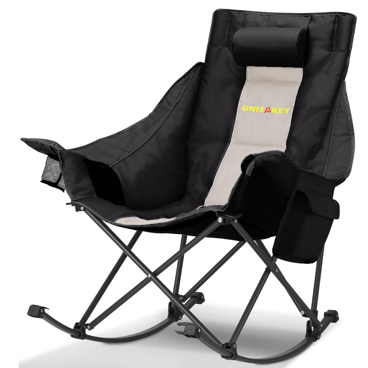 Unisakey portable chair with carry bag at campsite.
