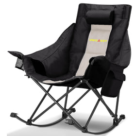 Unisakey portable chair with carry bag at campsite.