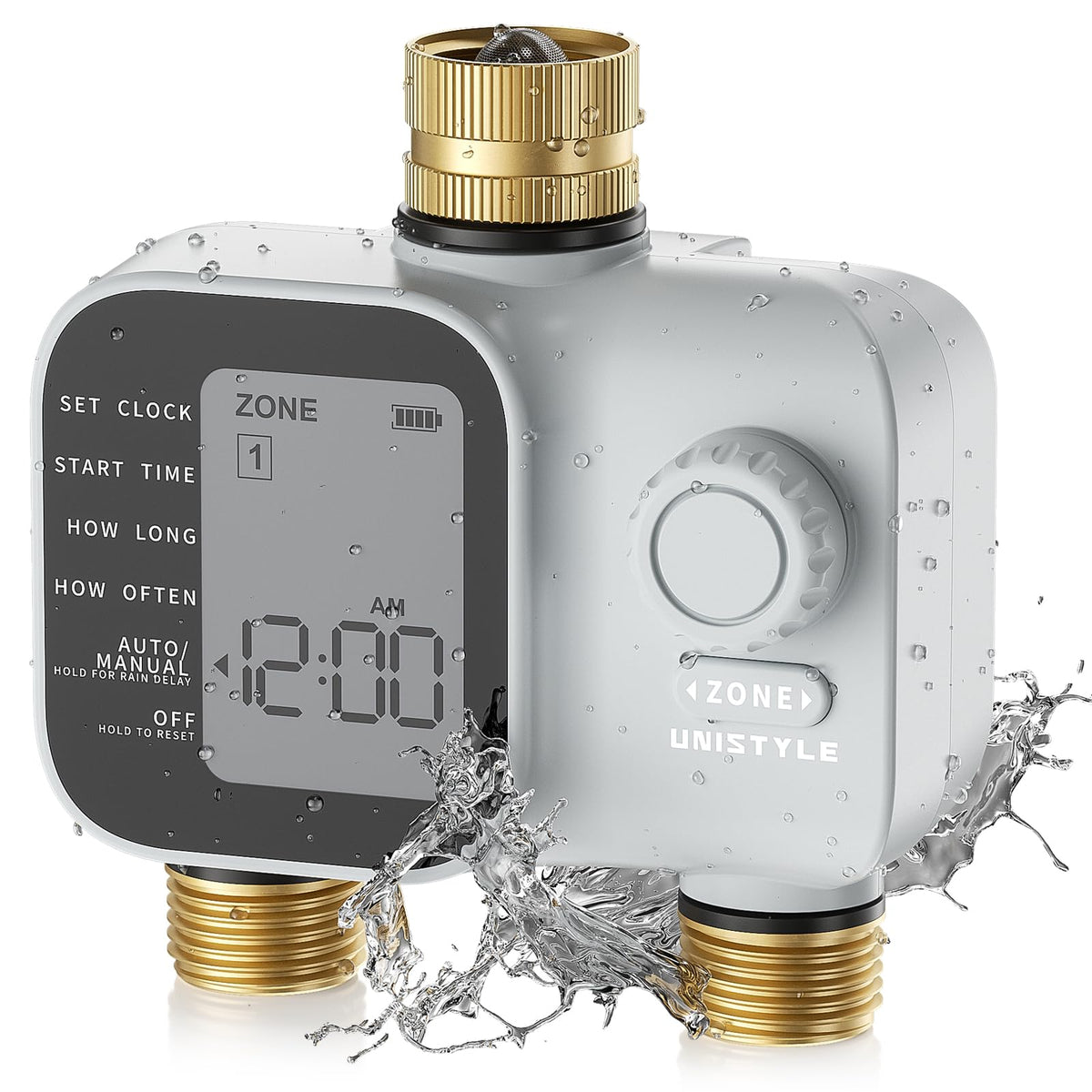 Unistyle 2Zone timer with brass inlets and outlets for durable irrigation.