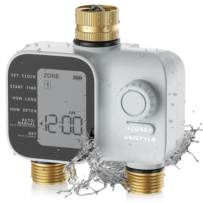 Unistyle 2Zone timer with brass inlets and outlets for durable irrigation.