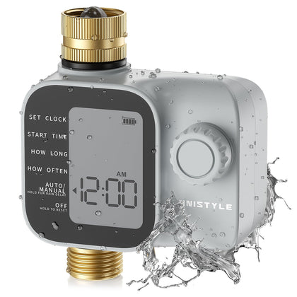 Unistyle sprinkler timer with brass inlet and outlet for durable irrigation connections.