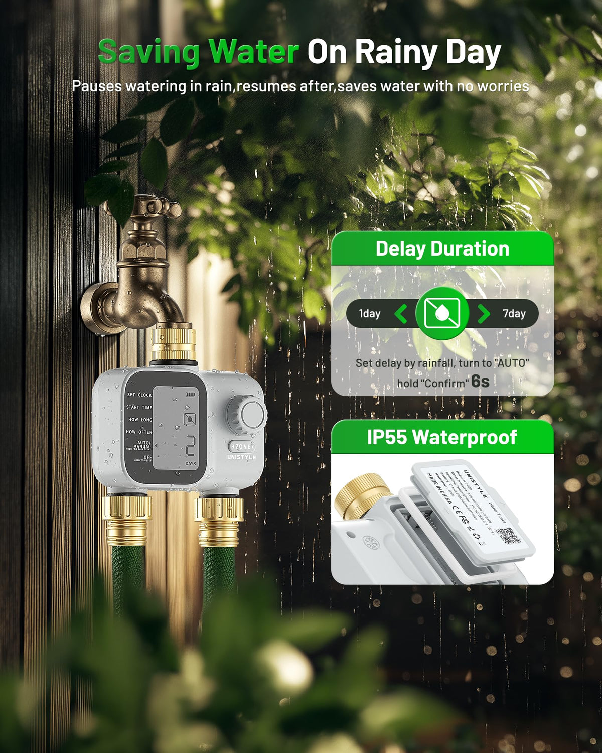 Unistyle two-zone scheduling enables precise lawn and garden control.