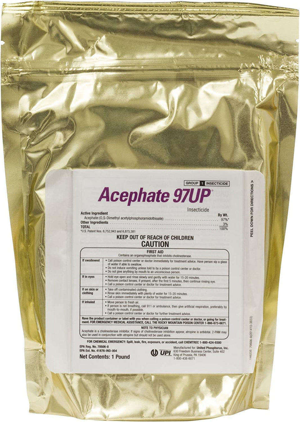 United Phosphorus Acephate 97UP bottle demonstrates systemic insect control for garden pests.