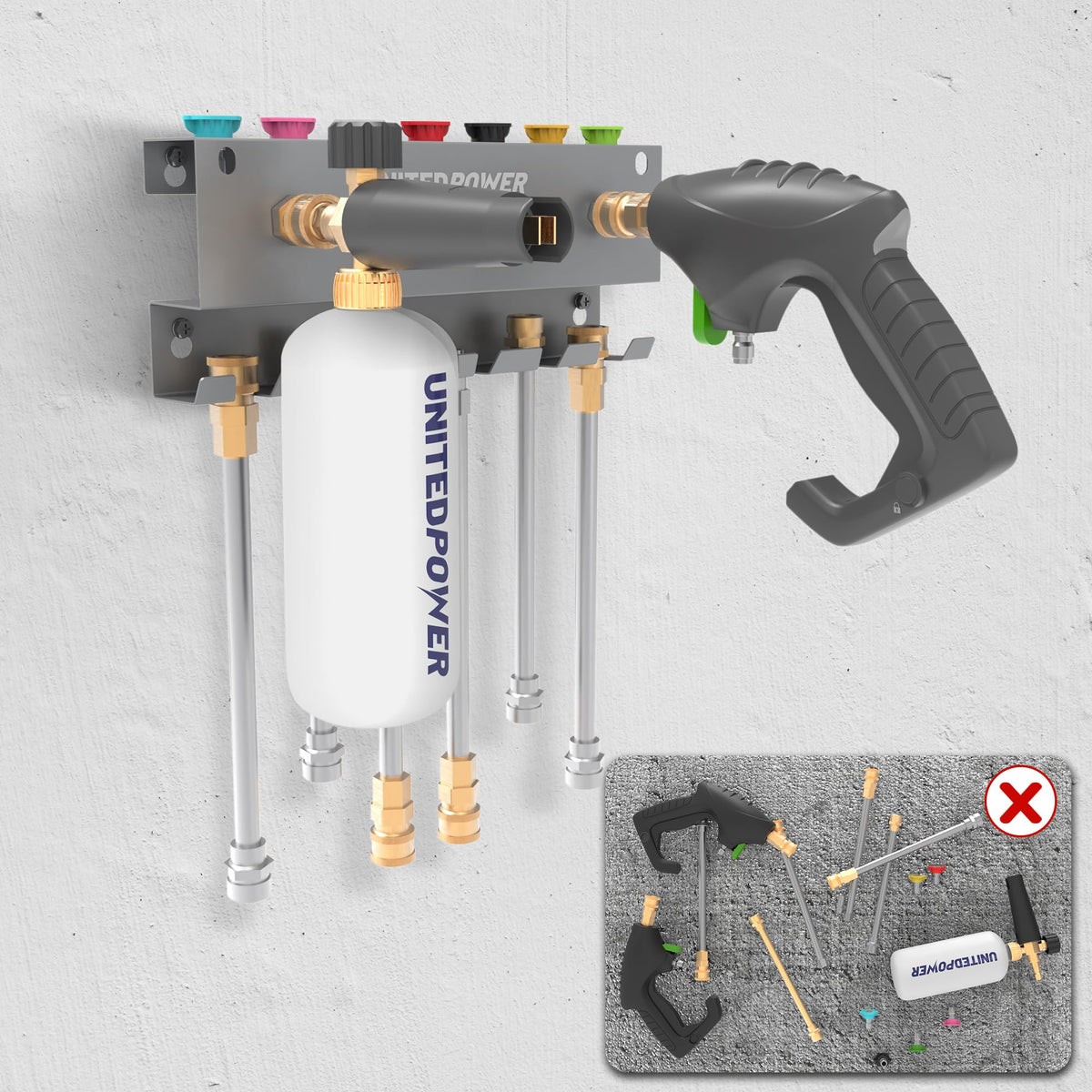UnitedPower metal wall-mounted rack delivers sturdy organization for all pressure washer accessories.