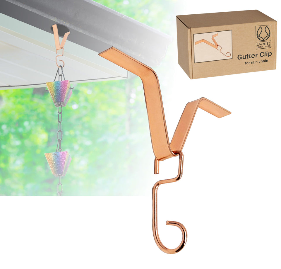 U-nitt rain chain gutter clip with copper-plated finish improves water flow from gutters