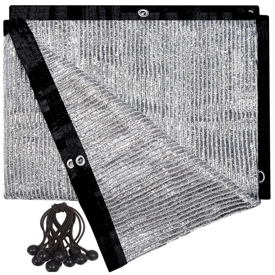 UNIUP 70% aluminum shade cloth over patio providing cooling shade for garden area