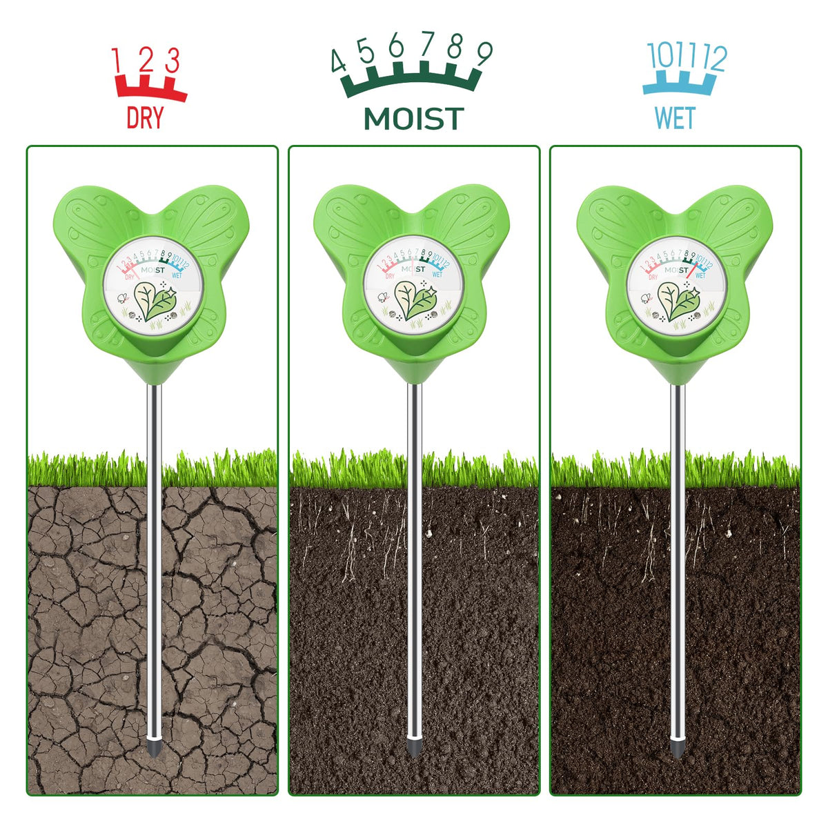 UNIWA Soil Moisture Meter used in garden, lawn, and potted plants for versatile watering.