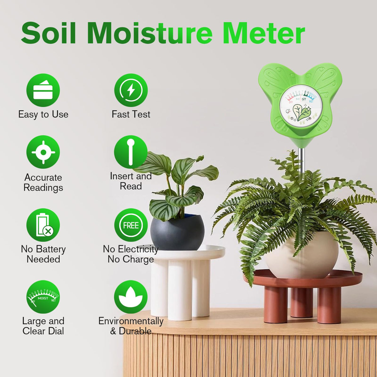 UNIWA Soil Moisture Meter in soil at 3-5 inch depth for instant readings.