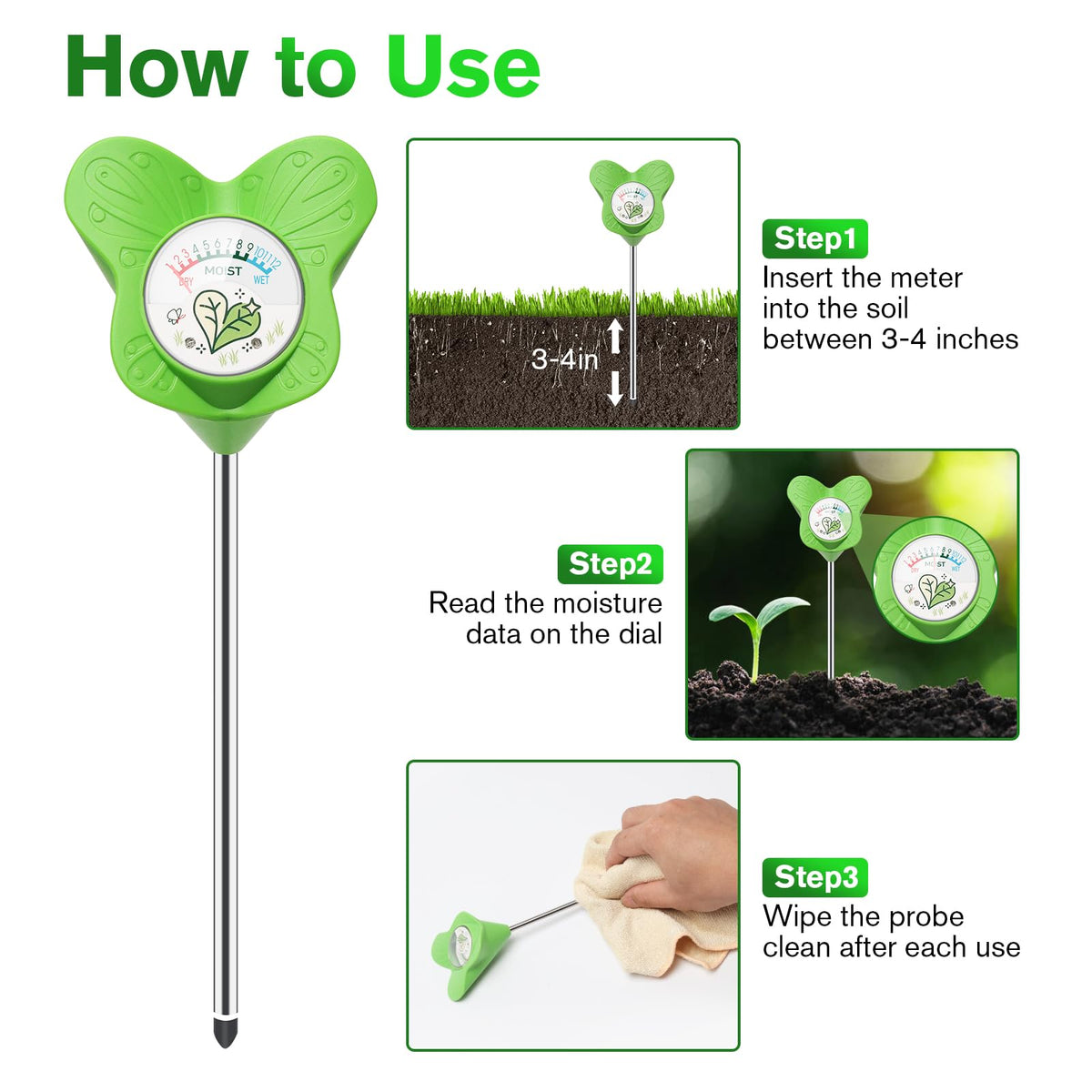 UNIWA Soil Moisture Meter, no battery required for easy, maintenance-free checks.