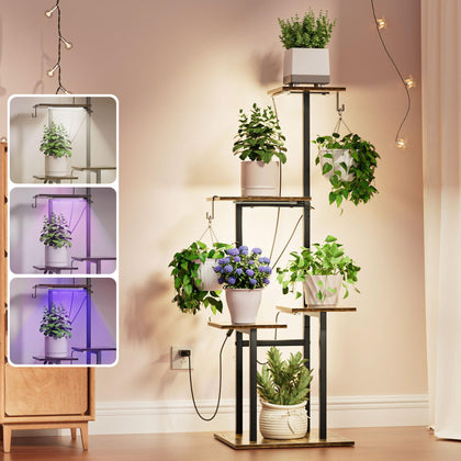 Unlumm Plant Stand with grow lights back panel illuminating shelves