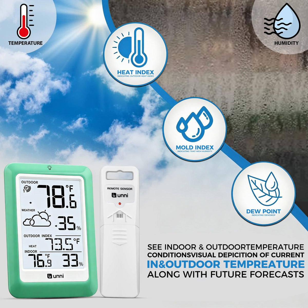 U UNNI screen shows dew point, heat index, and mold index for awareness