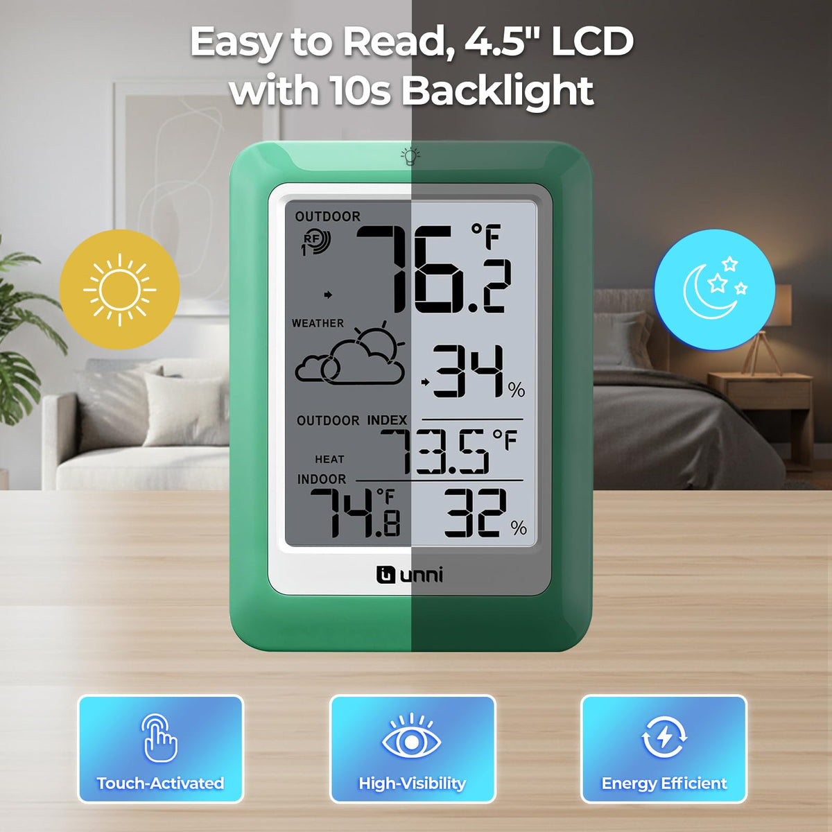 U UNNI green-case thermometer blends with home decor while monitoring climate