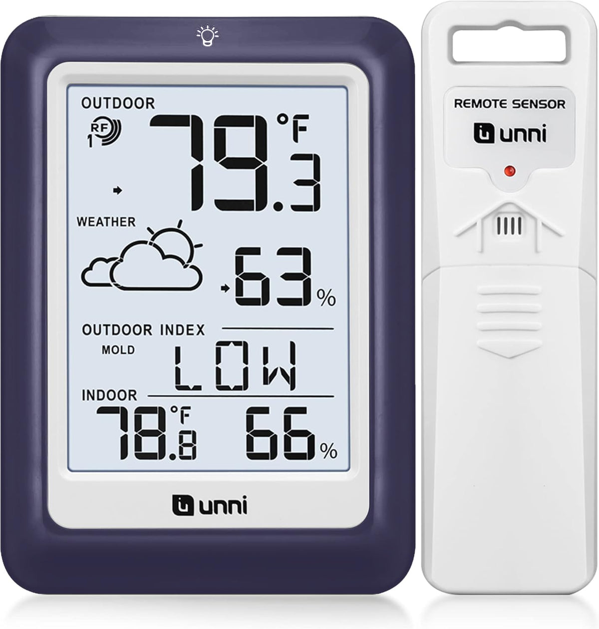 U UNNI indoor-outdoor thermometer front display shows real-time temperature and humidity clearly