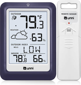 U UNNI indoor-outdoor thermometer front display shows real-time temperature and humidity clearly