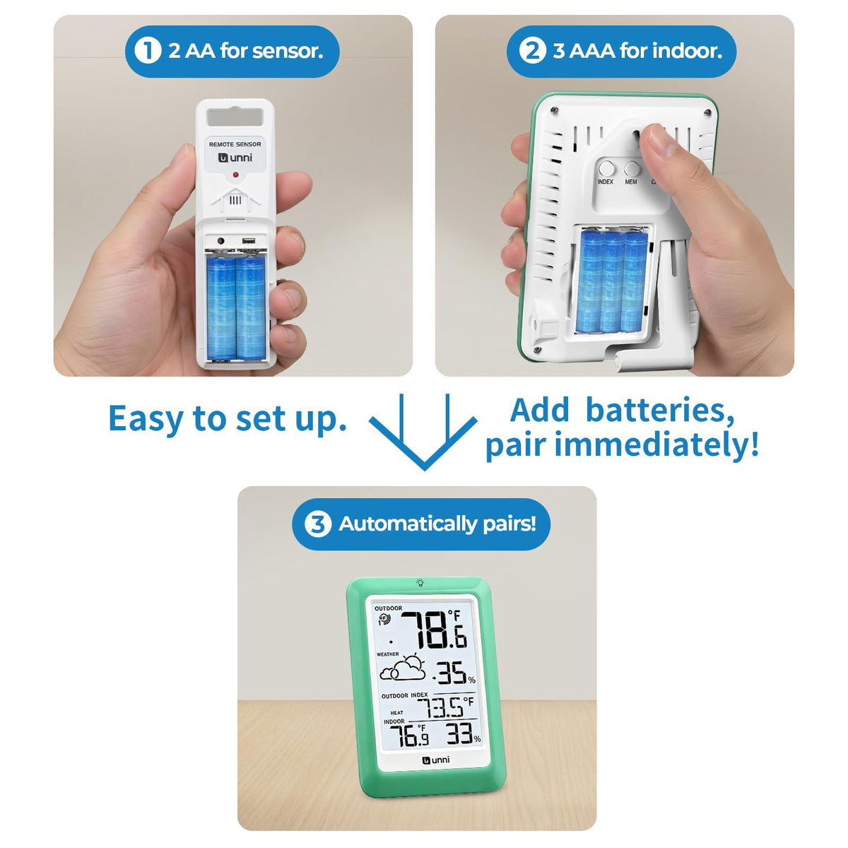 U UNNI package includes hygrometer, remote sensor, and manual