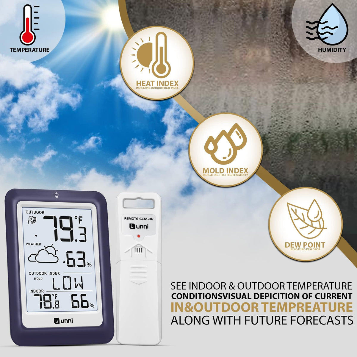 U UNNI wireless thermometer with up to 330 ft range for versatile placement