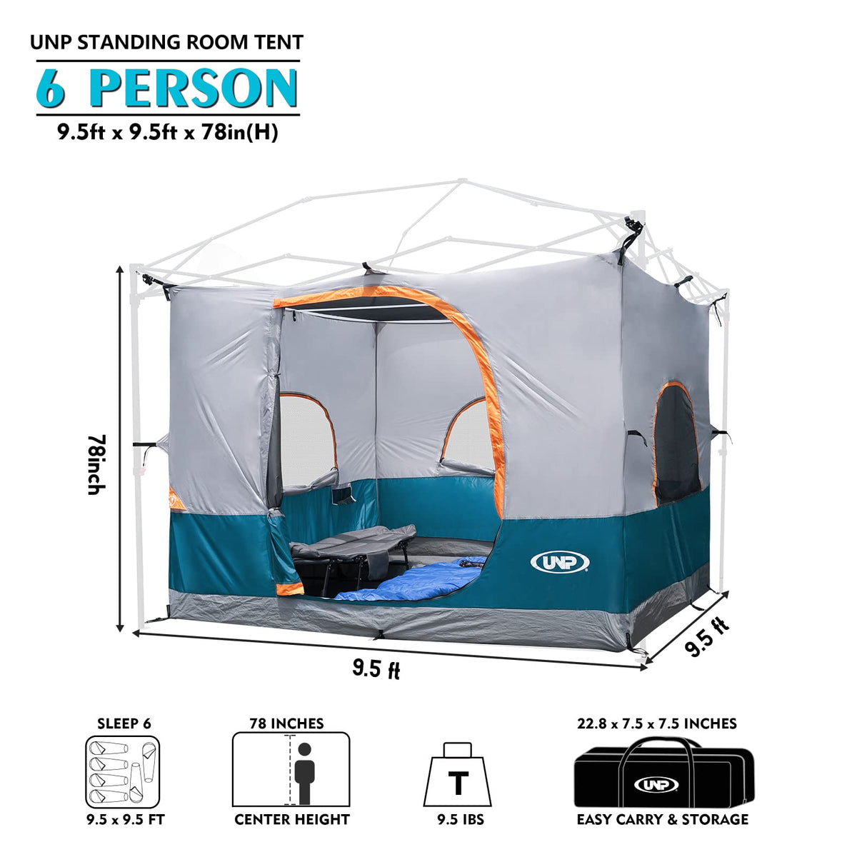 UNP tent includes charging port, pockets, and hooks for convenience.