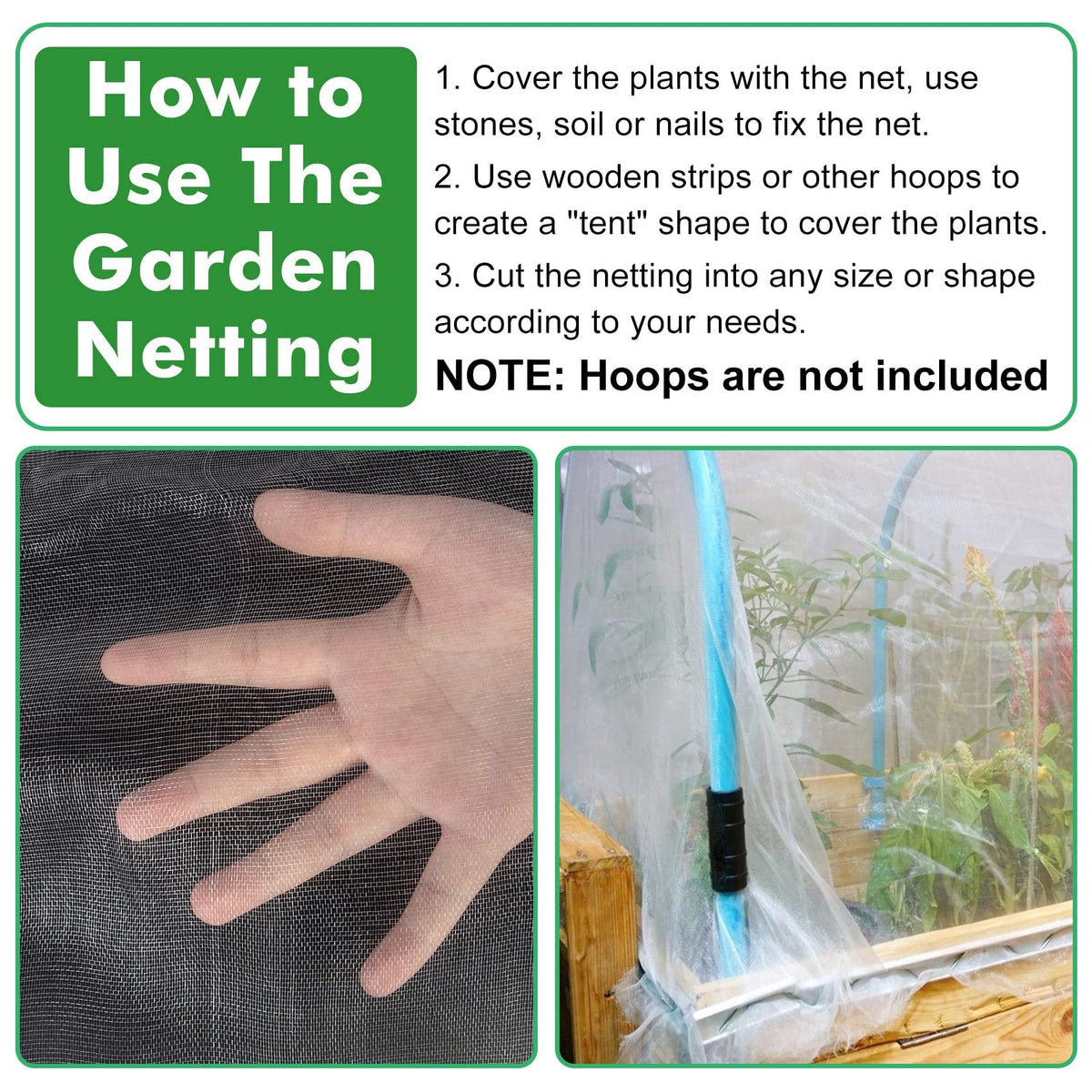 Unves garden netting installed over crops receiving sun, air, and rain.