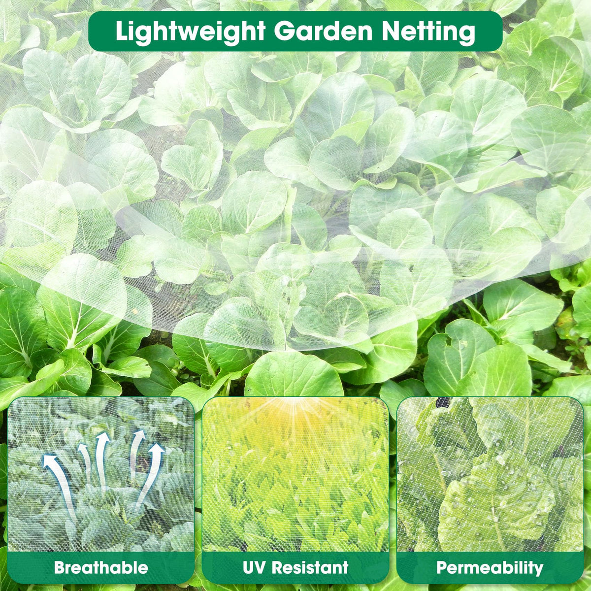 Unves mosquito-bird insect netting 10x25ft covers beds while allowing airflow.