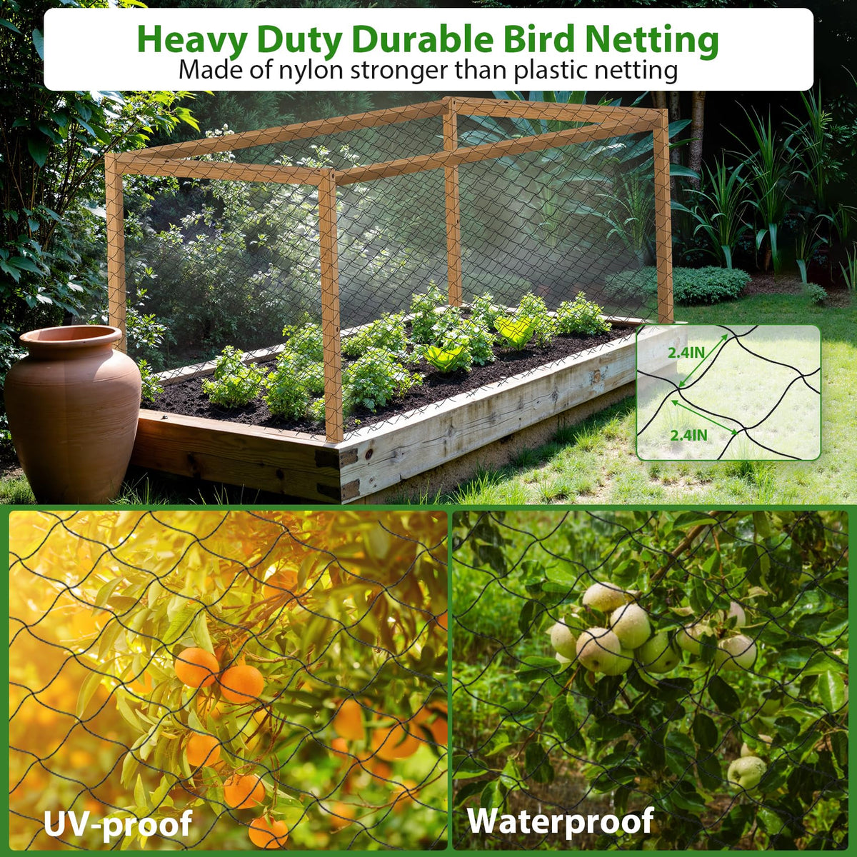 Unves orchard protection netting with 2.4 inch mesh over fruit trees
