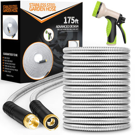 Unywarse garden hose 175ft stainless steel body offers durable long-reach watering.