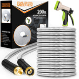 Unywarse Garden Hose 200ft – Stainless Steel, No-Kink, 10-Function Nozzle