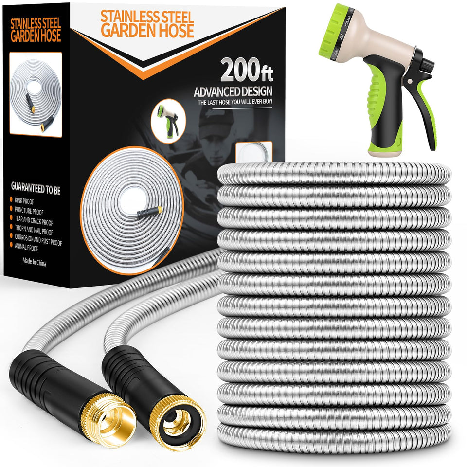 Unywarse garden hose 200ft with stainless steel shell showing kink-free design for steady flow