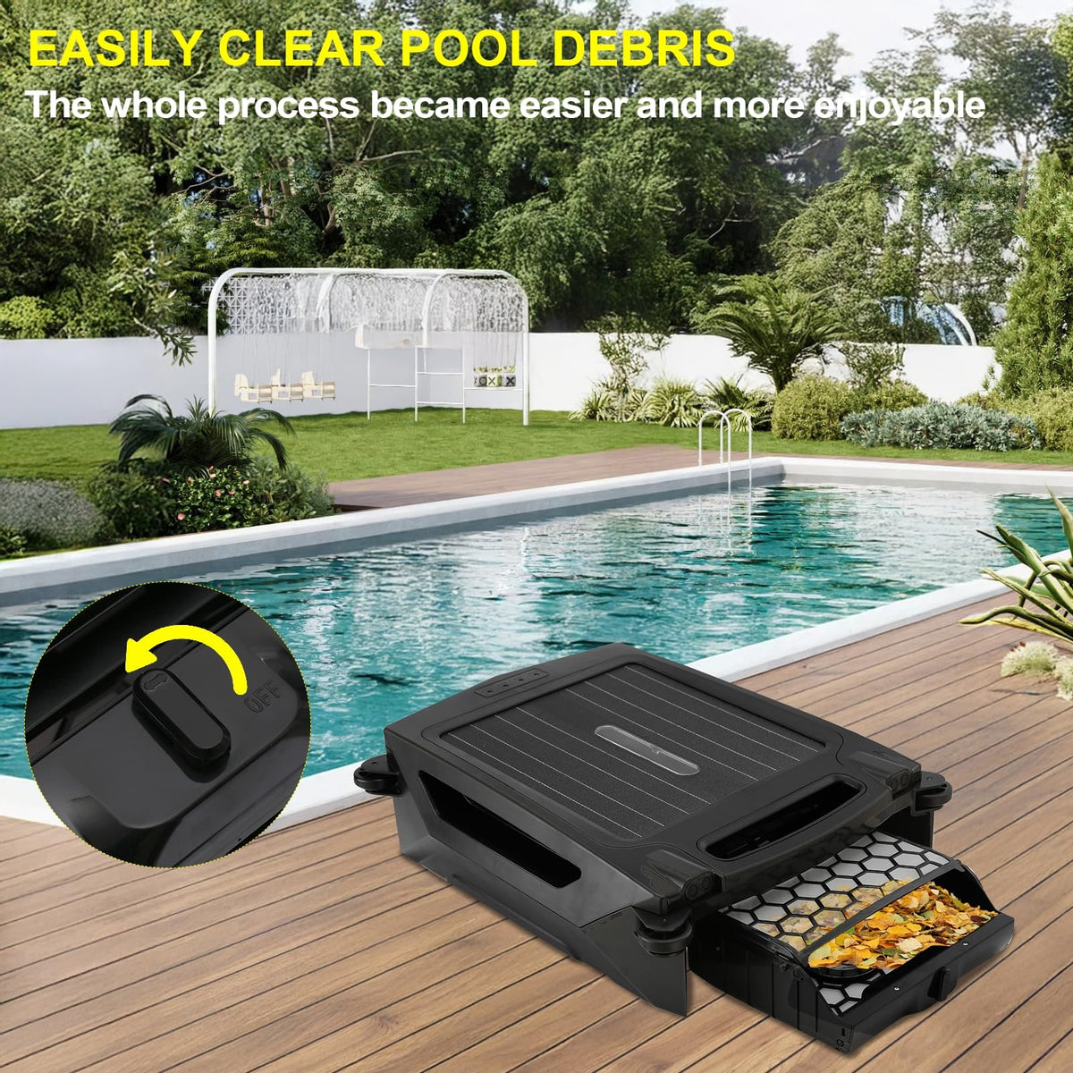 Uoark Solar Pool Skimmer fine mesh filter traps fine debris.