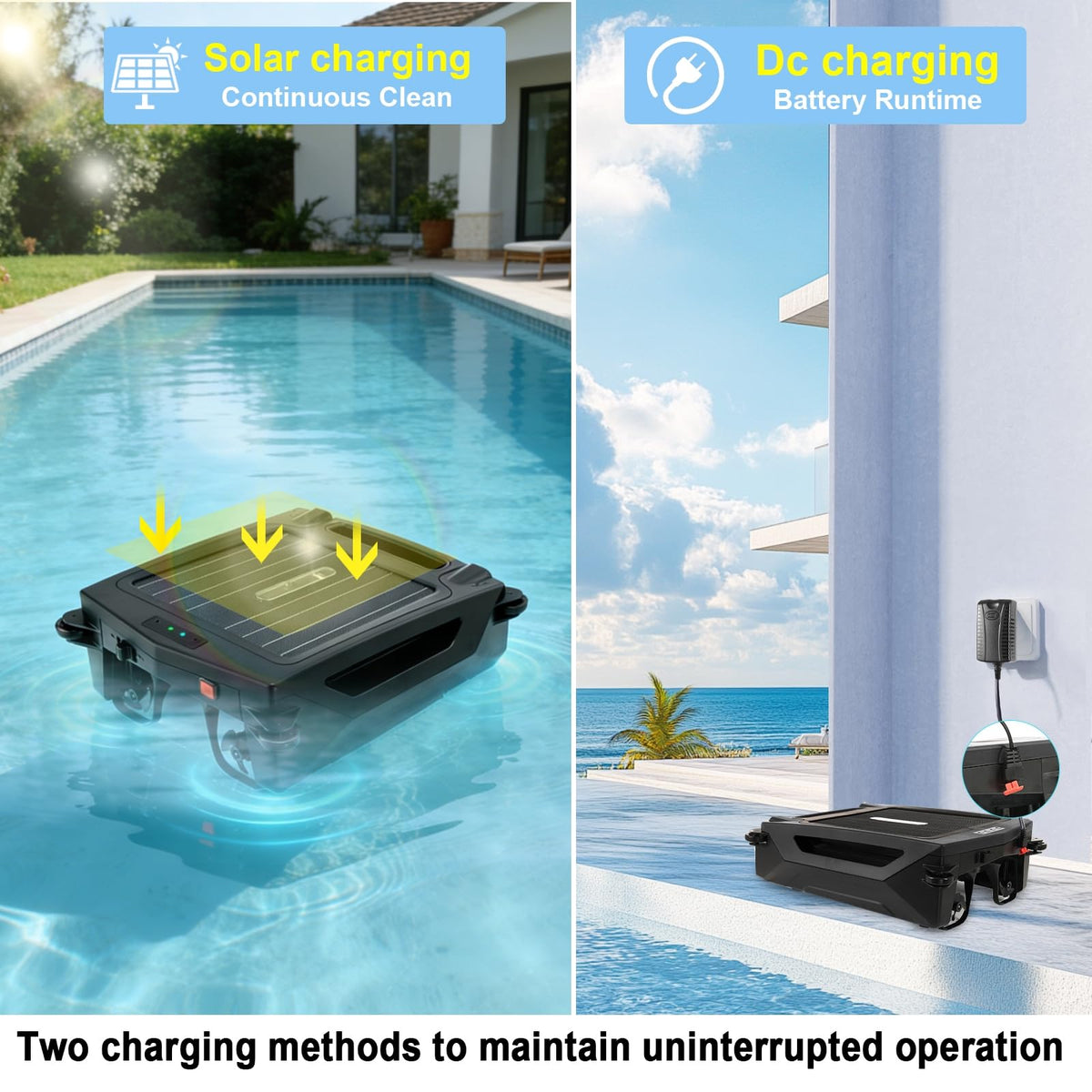 Uoark Solar Pool Skimmer side view highlights durable, UV-resistant body for outdoor use.