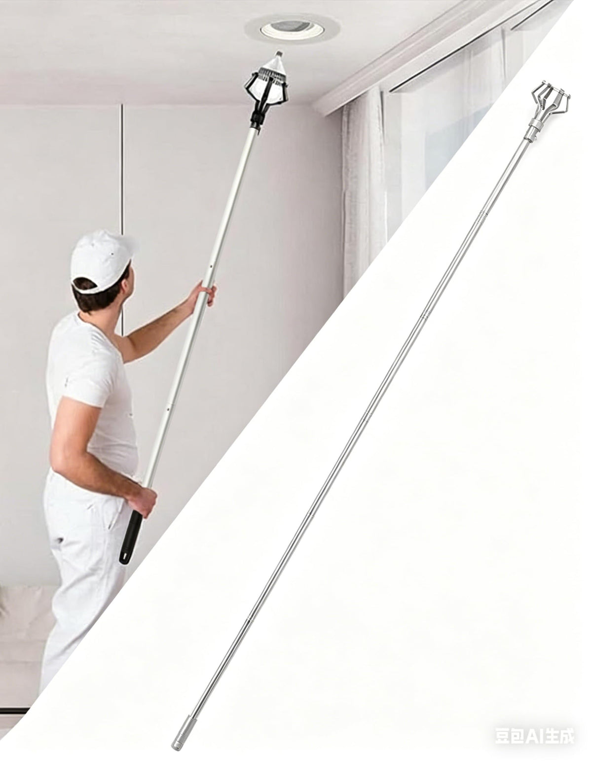 Uojim light bulb changer in use with 8ft extension for high ceilings, safely.