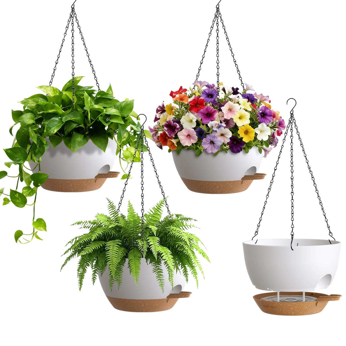 UOUZ four-pack eight-inch self-watering hanging planter ready for indoor or outdoor use
