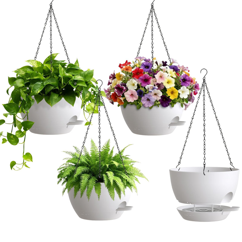 UOUZ 8-inch self-watering hanging planter pack keeps plants hydrated.