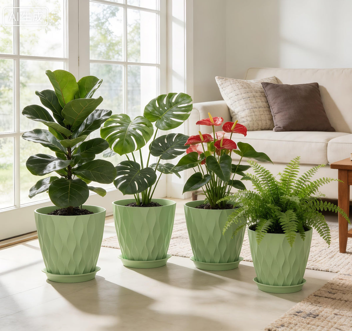 UOUZ 8-inch pots arranged in a room corner to elevate greenery.