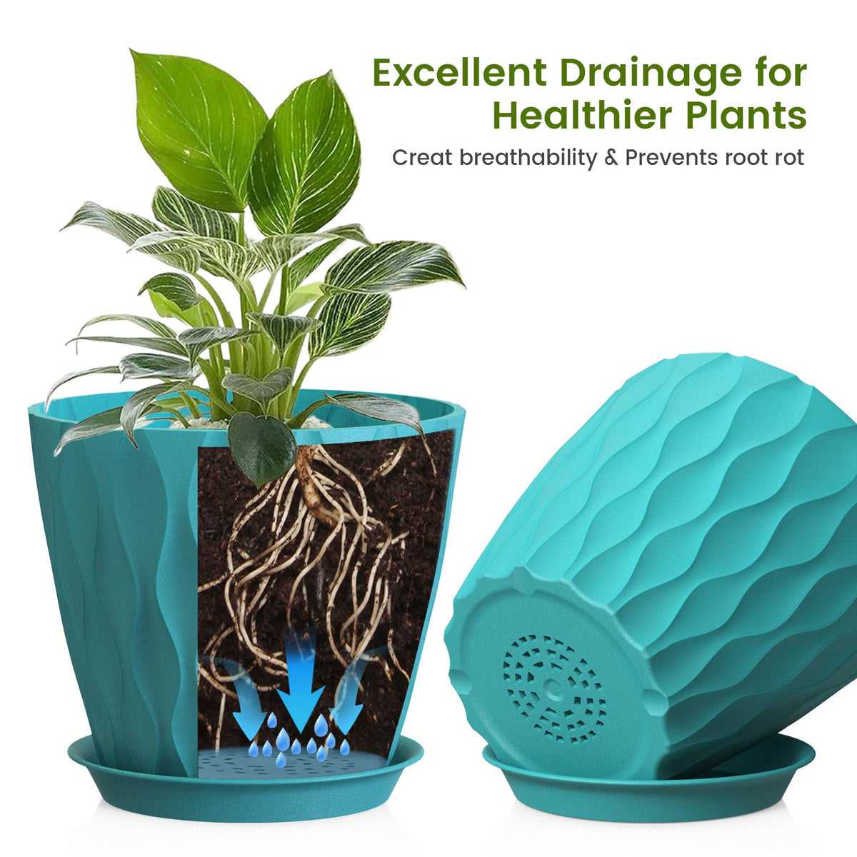 UOUZ waffle-texture blue pot enhances modern decor.