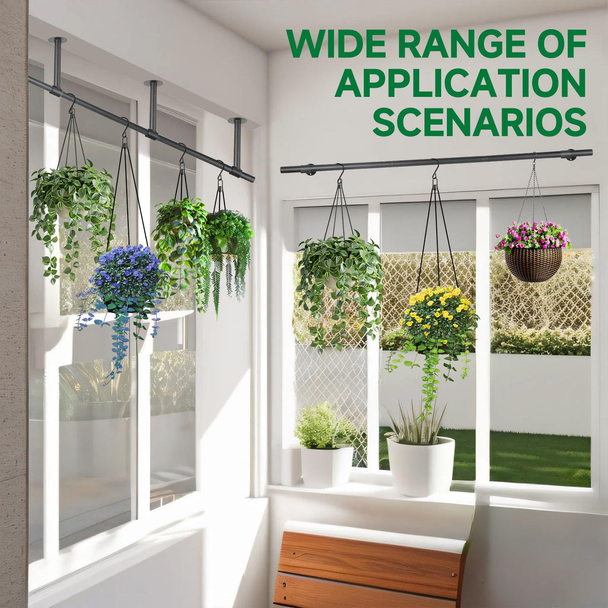 Uoveya indoor greenery on a rod shelf brightens a living room.