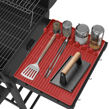 Uozuke silicone grill mat on Blackstone setup keeps tools organized and within reach